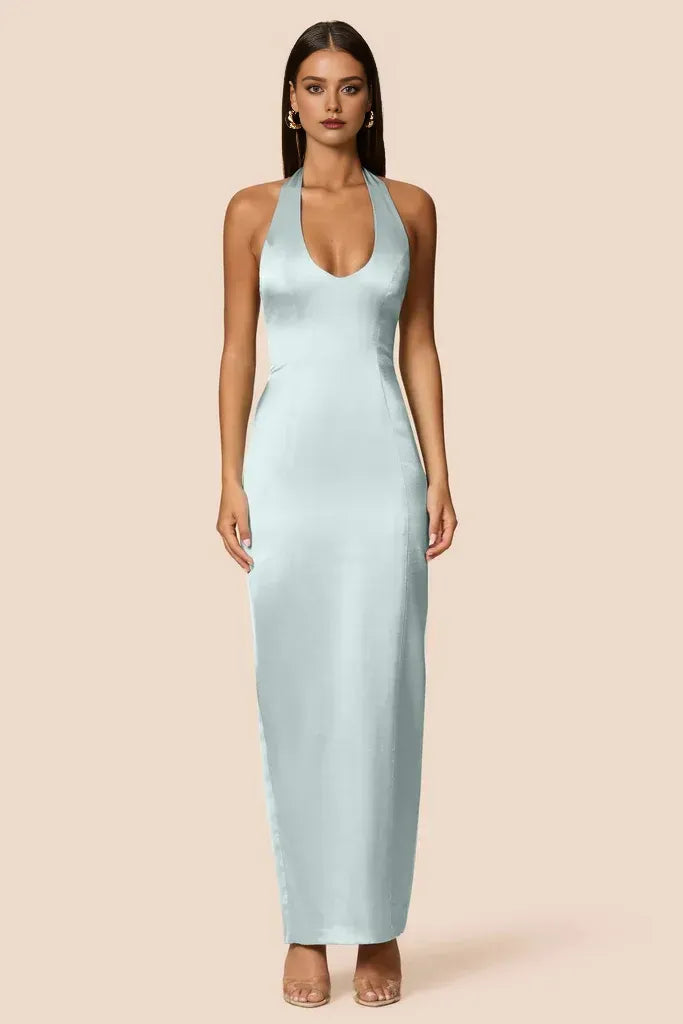 Sexy Sheath/Column Halter Neck Sleeveless Open Back Floor-Length Prom Dress