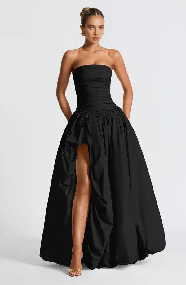 Sharp Ballgown Strapless Sleeveless Lace Up Back High Slit Floor Length For Women Prom Dress