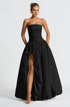 Sharp Ballgown Strapless Sleeveless Lace Up Back High Slit Floor Length For Women Prom Dress