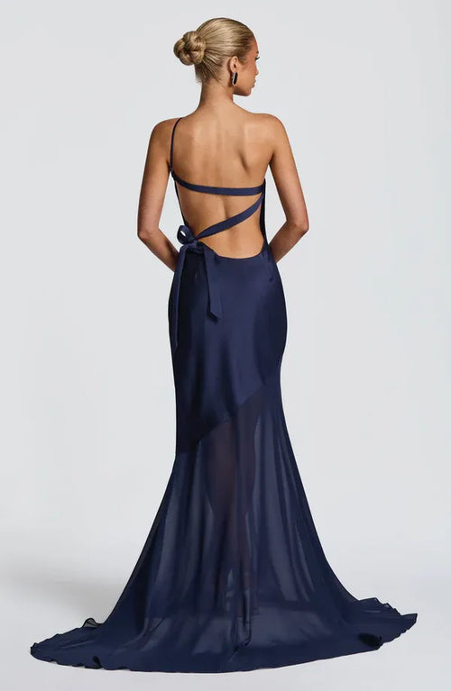 Robe de bal sirène élégante à une épaule sans manches avec laçage croisé au dos et traîne pour femme