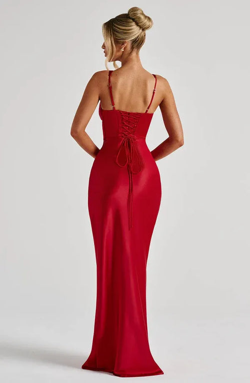 Robe de bal longue en dentelle à nouer dans le dos avec décolleté plongeant en sirène pour femme