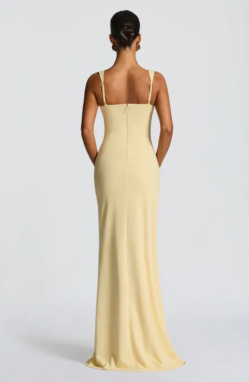 Robe de bal sirène élégante à col carré, bretelles réglables, fermeture éclair au dos, fente haute, longueur ras du sol pour femme