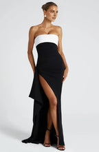 Sharp Mermaid Strapless Color Block Zipper Back Train Floor Length For Ladies Evening Dress
