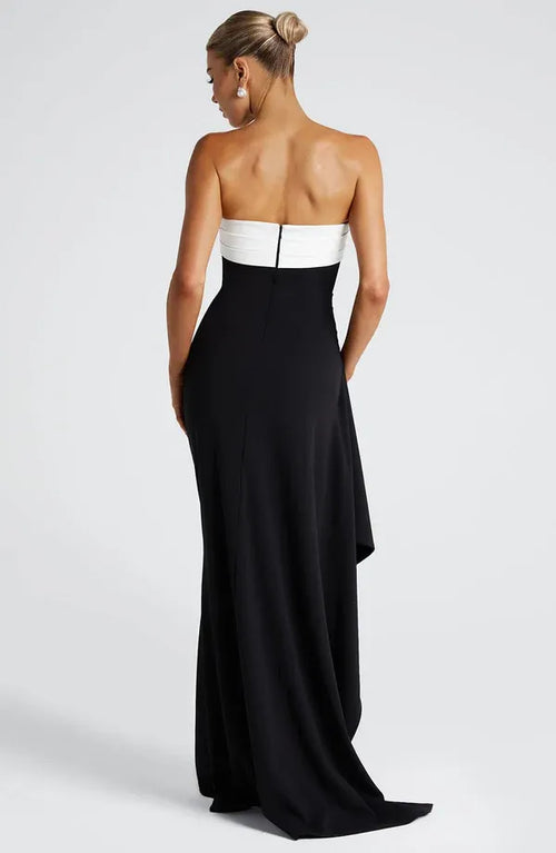 Robe de soirée longue sirène moulante bustier bicolore à glissière dos traîne pour femme