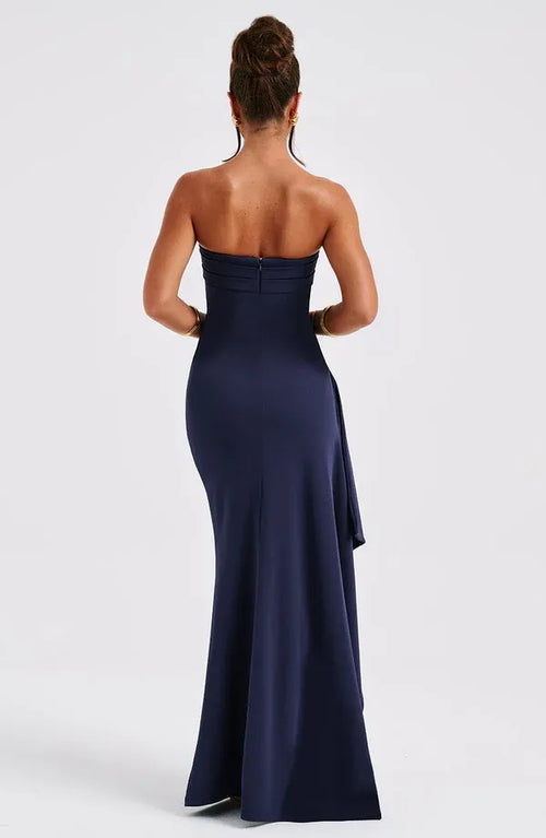 Robe de bal sirène élégante, bustier, sans manches, avec fermeture éclair dans le dos et fente haute, longueur ras du sol pour femme