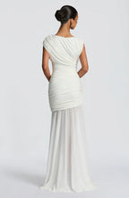 Sharp Sheath Boat Neck Cap Sleeve Ruched Back Floor Length For Women Prom Dress