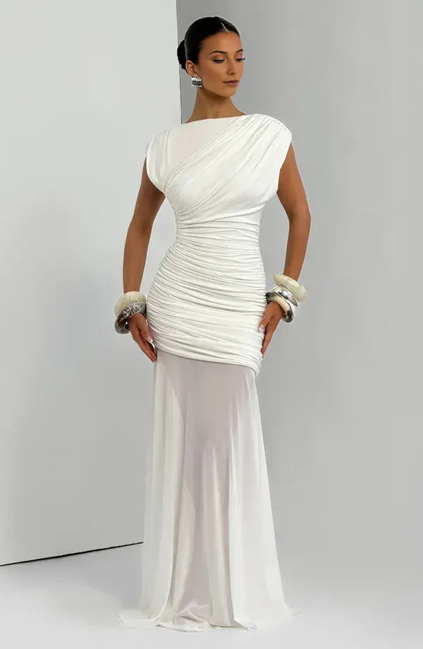 Sharp Sheath Boat Neck Cap Sleeve Ruched Back Floor Length For Women Prom Dress