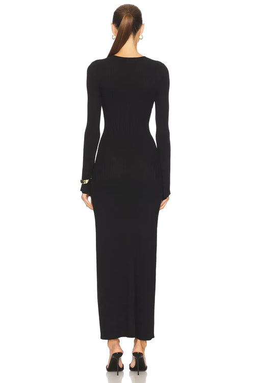 Robe de soirée longue fourreau à encolure dos nu, manches longues et dos uni