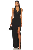 Sharp Sheath Shawl Collar Sleeveless High Slit Floor Length Evening Dress