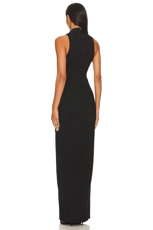 Robe de soirée longue fourreau sans manches à col châle et fente haute