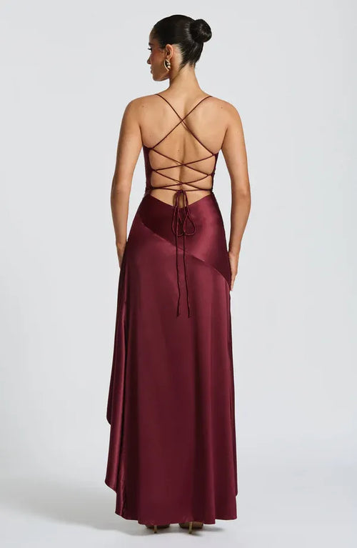 Robe de bal longue pour femme, fourreau élégant, col bénitier, fines bretelles, laçage croisé au dos, fente haute