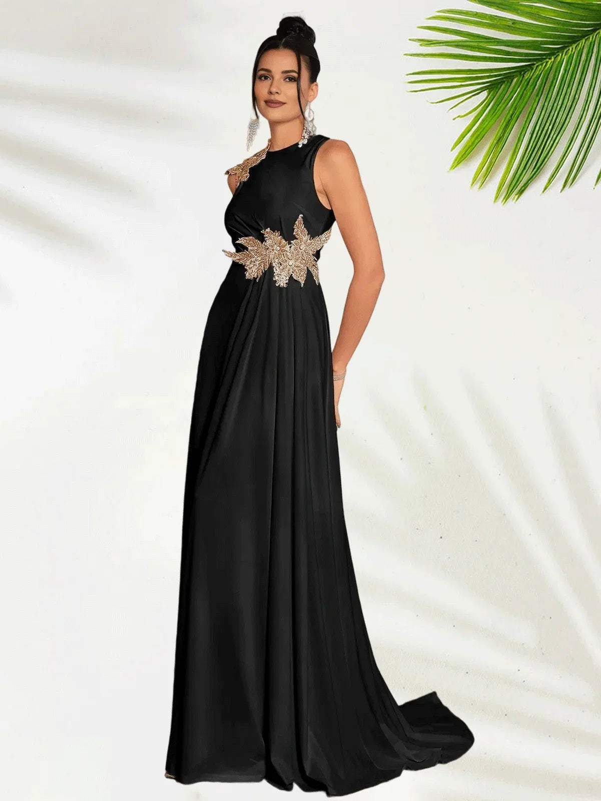 Sheath Jewel Neck Floor-Length Sleeveless Evening Gown Elegant Beautiful Floor Length Prom Dresses With Floral Appliques