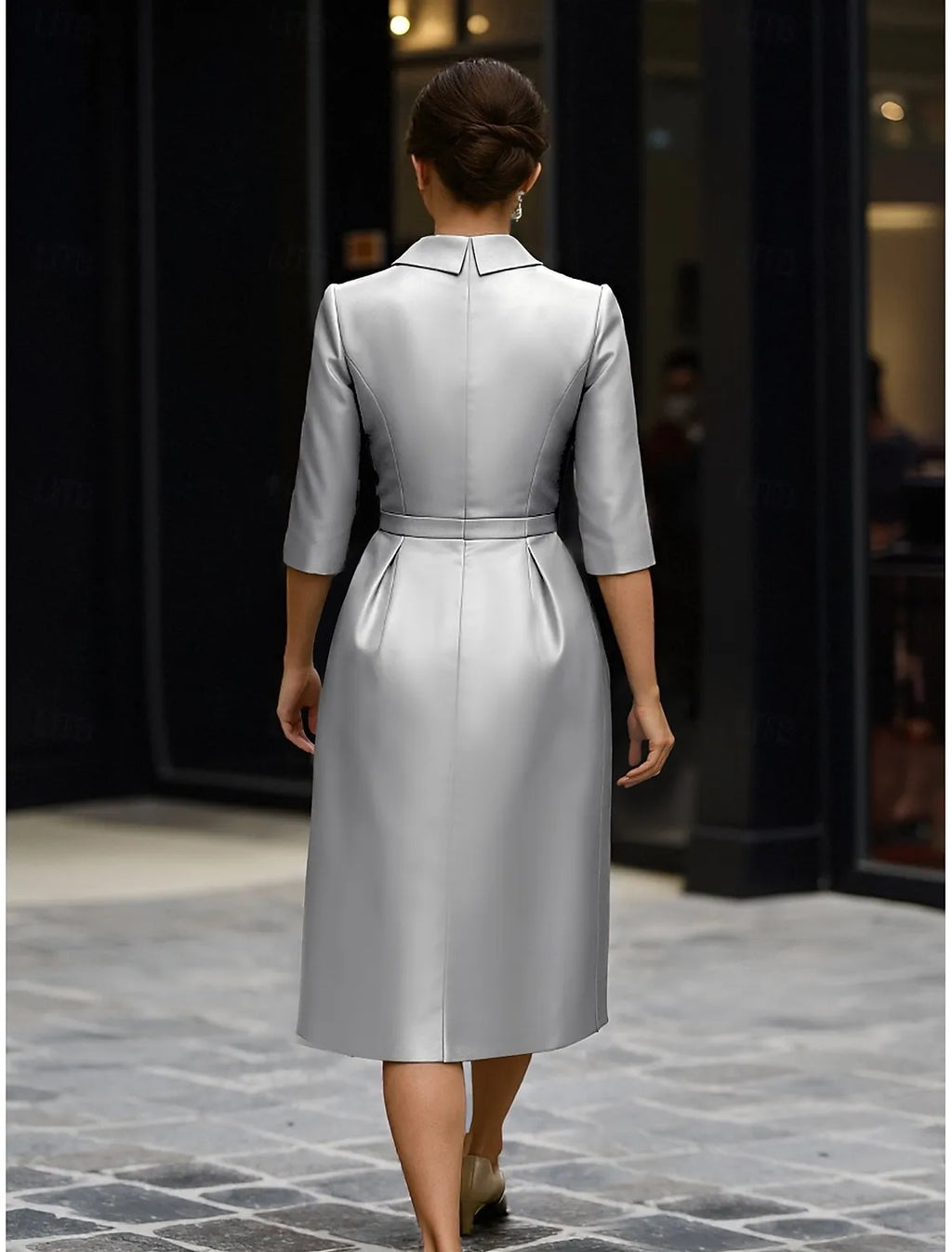 Sheath/Column 3/4 Length Sleeve Shirt Collar Pleated Knee-Length Cocktail Dress