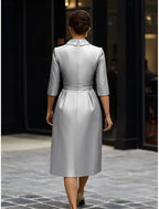 Sheath/Column 3/4 Length Sleeve Shirt Collar Pleated Knee-Length Cocktail Dress