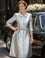 Sheath/Column 3/4 Length Sleeve Shirt Collar Pleated Knee-Length Cocktail Dress