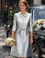 Sheath/Column 3/4 Length Sleeve Shirt Collar Pleated Knee-Length Cocktail Dress