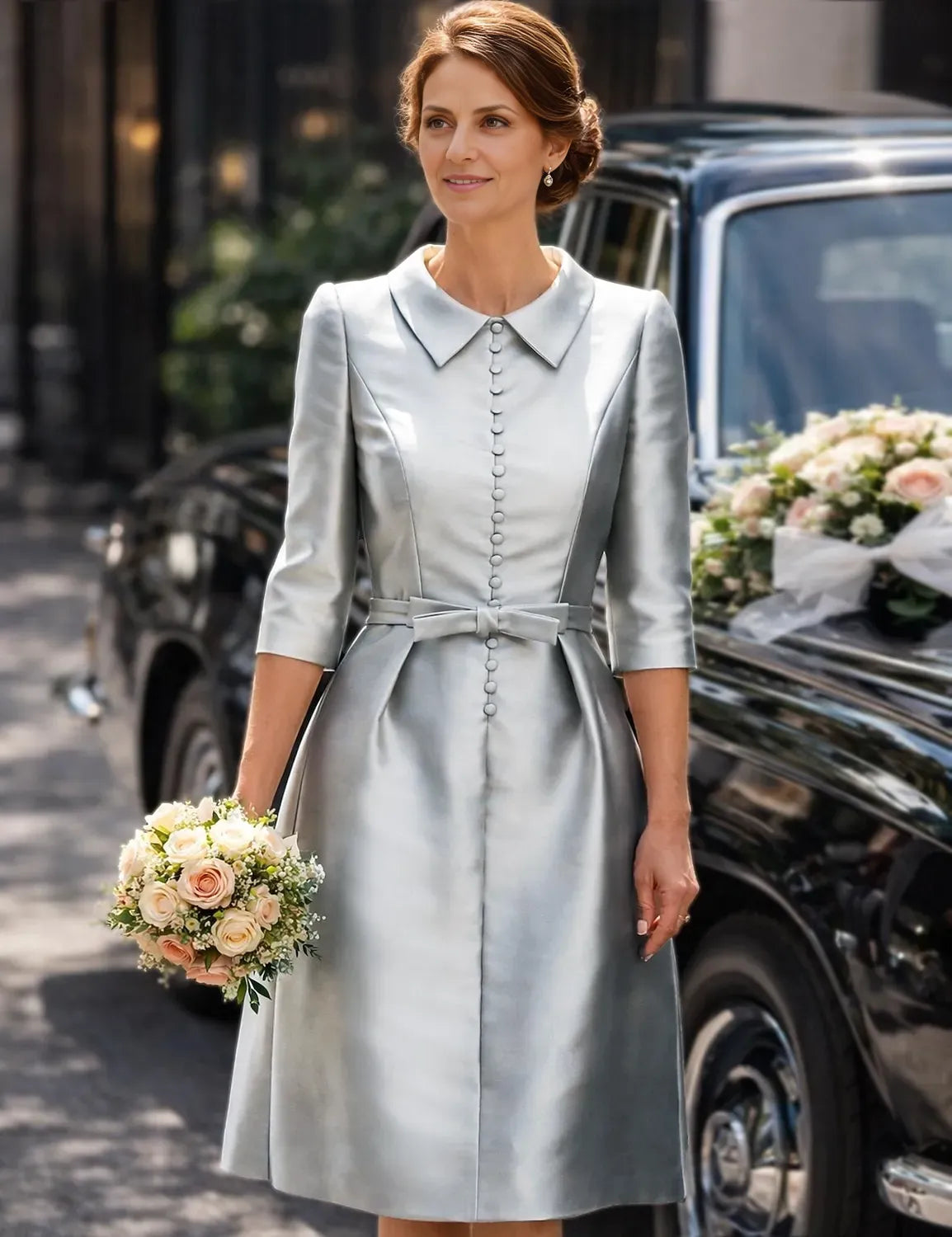 Sheath/Column 3/4 Length Sleeve Shirt Collar Pleated Knee-Length Cocktail Dress