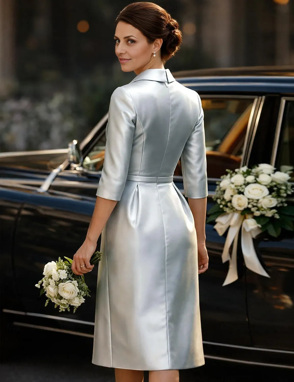 Sheath/Column 3/4 Length Sleeve Shirt Collar Pleated Knee-Length Cocktail Dress