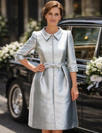 Sheath/Column 3/4 Length Sleeve Shirt Collar Pleated Knee-Length Cocktail Dress