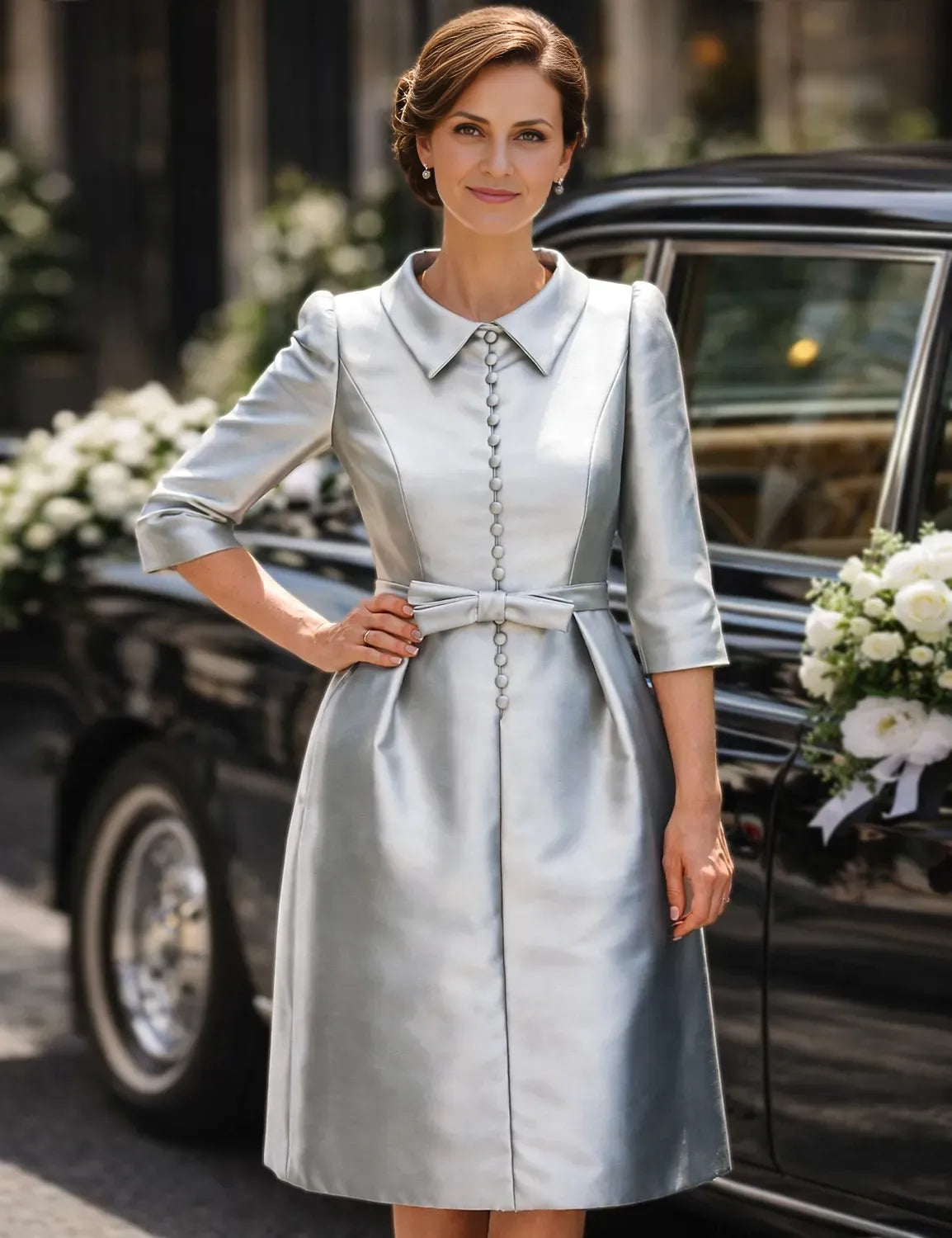 Sheath/Column 3/4 Length Sleeve Shirt Collar Pleated Knee-Length Cocktail Dress