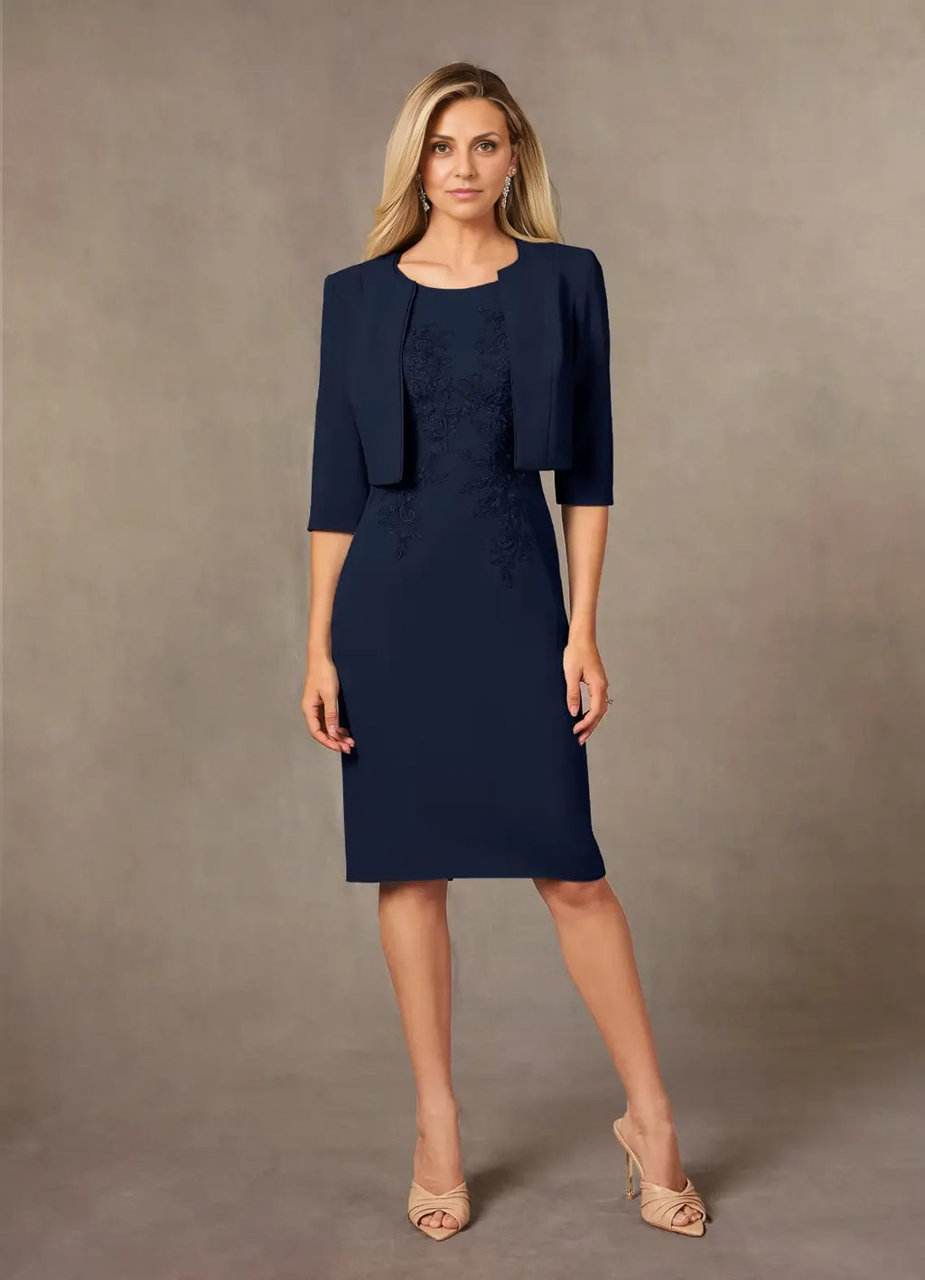 Navy Dark Sheath Knee-Length Dress Three-Quarter Sleeve Solid Color Simple Scoop Neck Two-Piece Mother of the Bride Dress