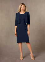 Navy Dark Sheath Knee-Length Dress Three-Quarter Sleeve Solid Color Simple Scoop Neck Two-Piece Mother of the Bride Dress
