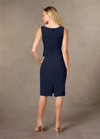 Navy Dark Sheath Knee-Length Dress Three-Quarter Sleeve Solid Color Simple Scoop Neck Two-Piece Mother of the Bride Dress
