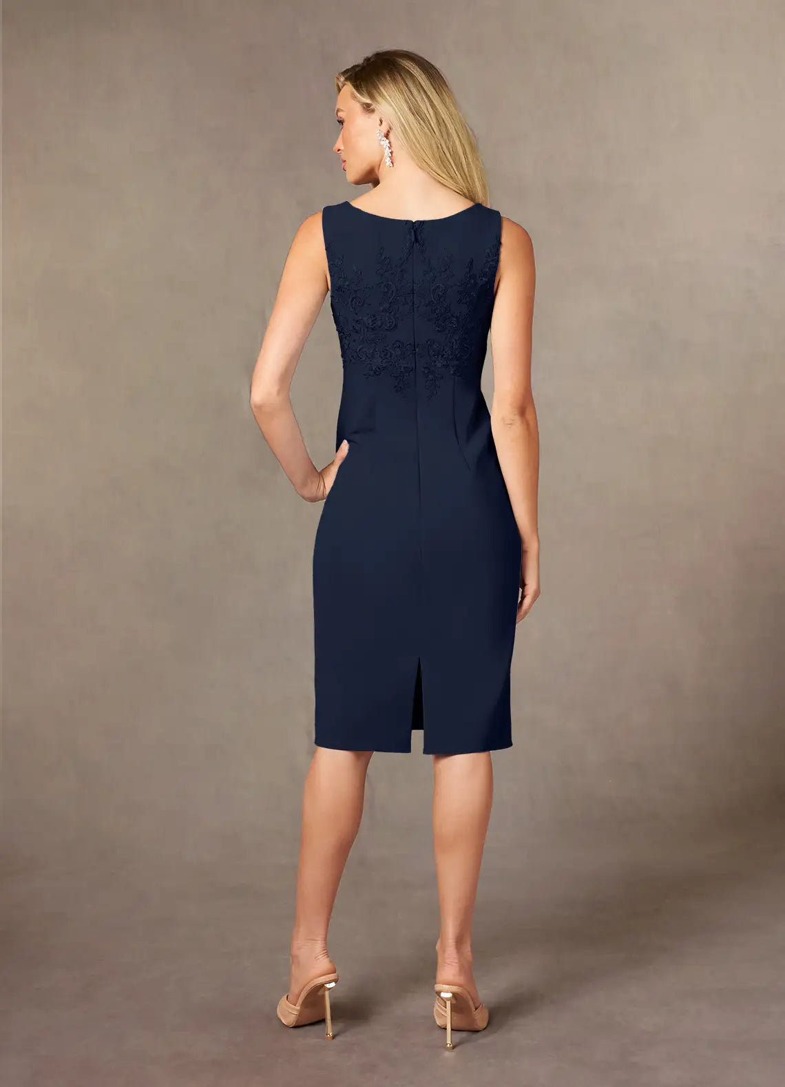 Navy Dark Sheath Knee-Length Dress Three-Quarter Sleeve Solid Color Simple Scoop Neck Two-Piece Mother of the Bride Dress