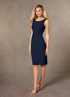 Navy Dark Sheath Knee-Length Dress Three-Quarter Sleeve Solid Color Simple Scoop Neck Two-Piece Mother of the Bride Dress