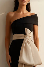 Sheath One-Shoulder Bow Beige Black Floor Length Prom Dress For Women