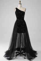 Sheath One-Shoulder Sequin Tulle Black Long Prom Dress With Train Hot Sale