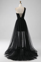 Sheath One-Shoulder Sequin Tulle Black Long Prom Dress With Train Hot Sale