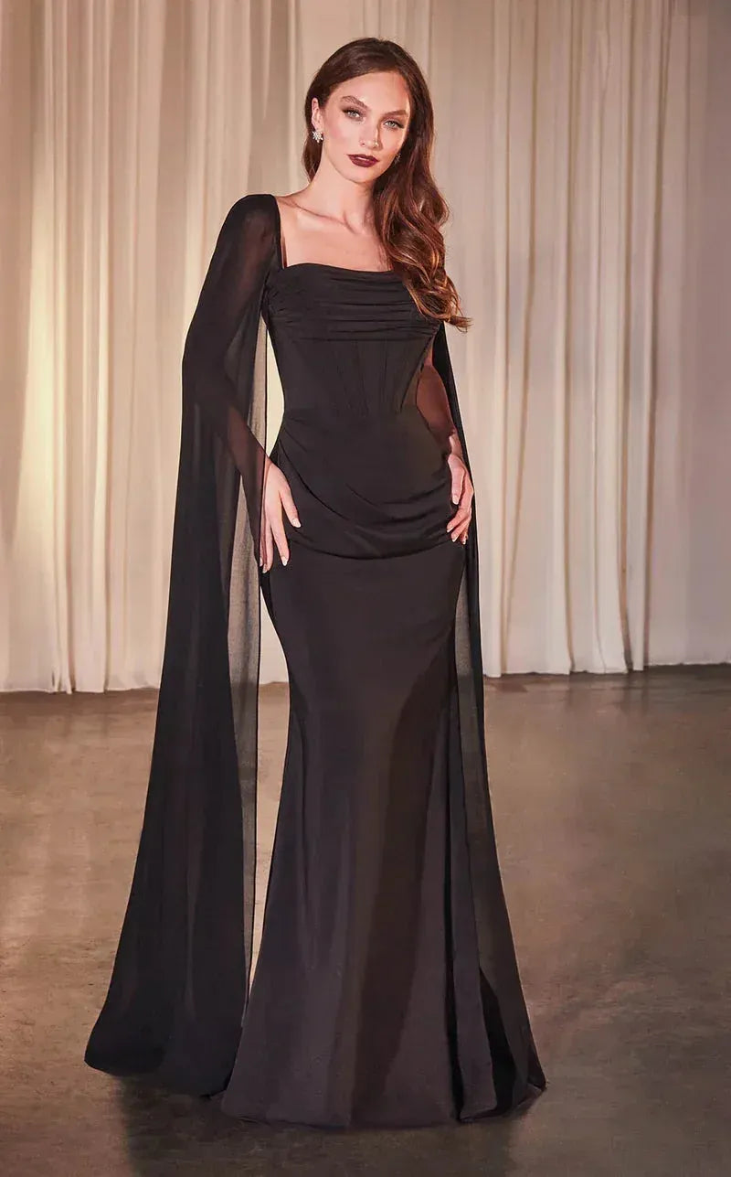 Sage Chiffon Prom Dress With Square Neck Corset Bodice And Cape Sleeves For Elegant Prom Night