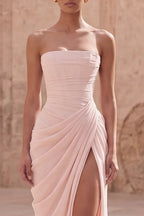 Prom Dress Strapless Blush Sheath With Ruched Lace-Up Bodice For Prom Queens Glamorous High Slit Gown