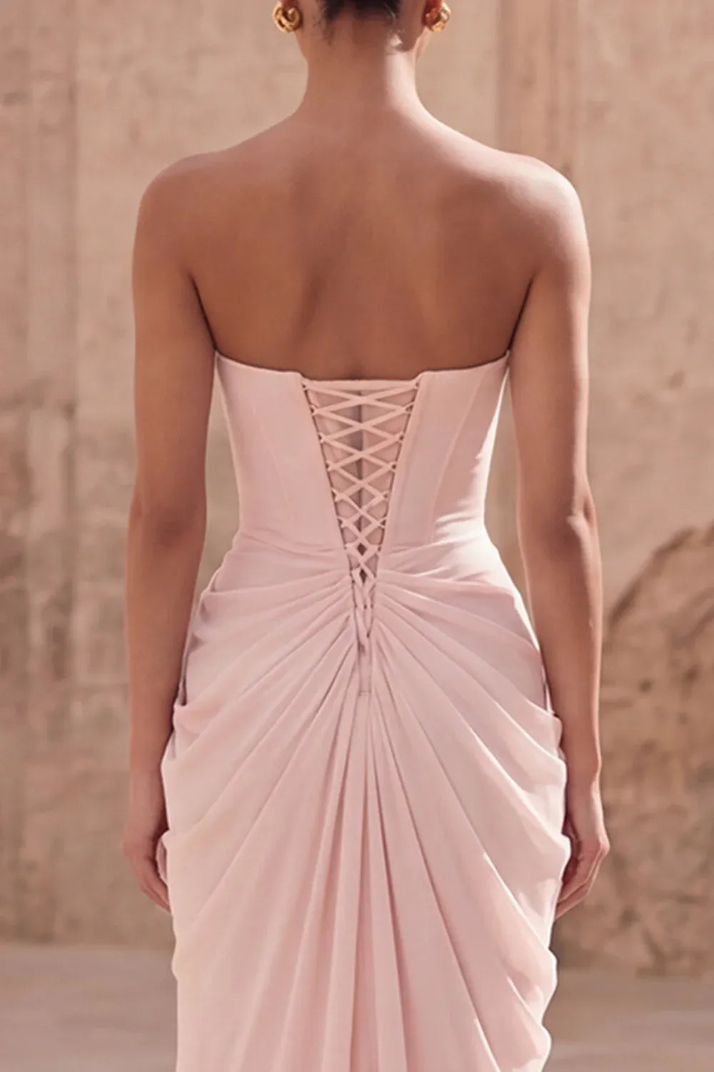 Prom Dress Strapless Blush Sheath With Ruched Lace-Up Bodice For Prom Queens Glamorous High Slit Gown