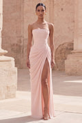 Prom Dress Strapless Blush Sheath With Ruched Lace-Up Bodice For Prom Queens Glamorous High Slit Gown