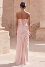 Prom Dress Strapless Blush Sheath With Ruched Lace-Up Bodice For Prom Queens Glamorous High Slit Gown