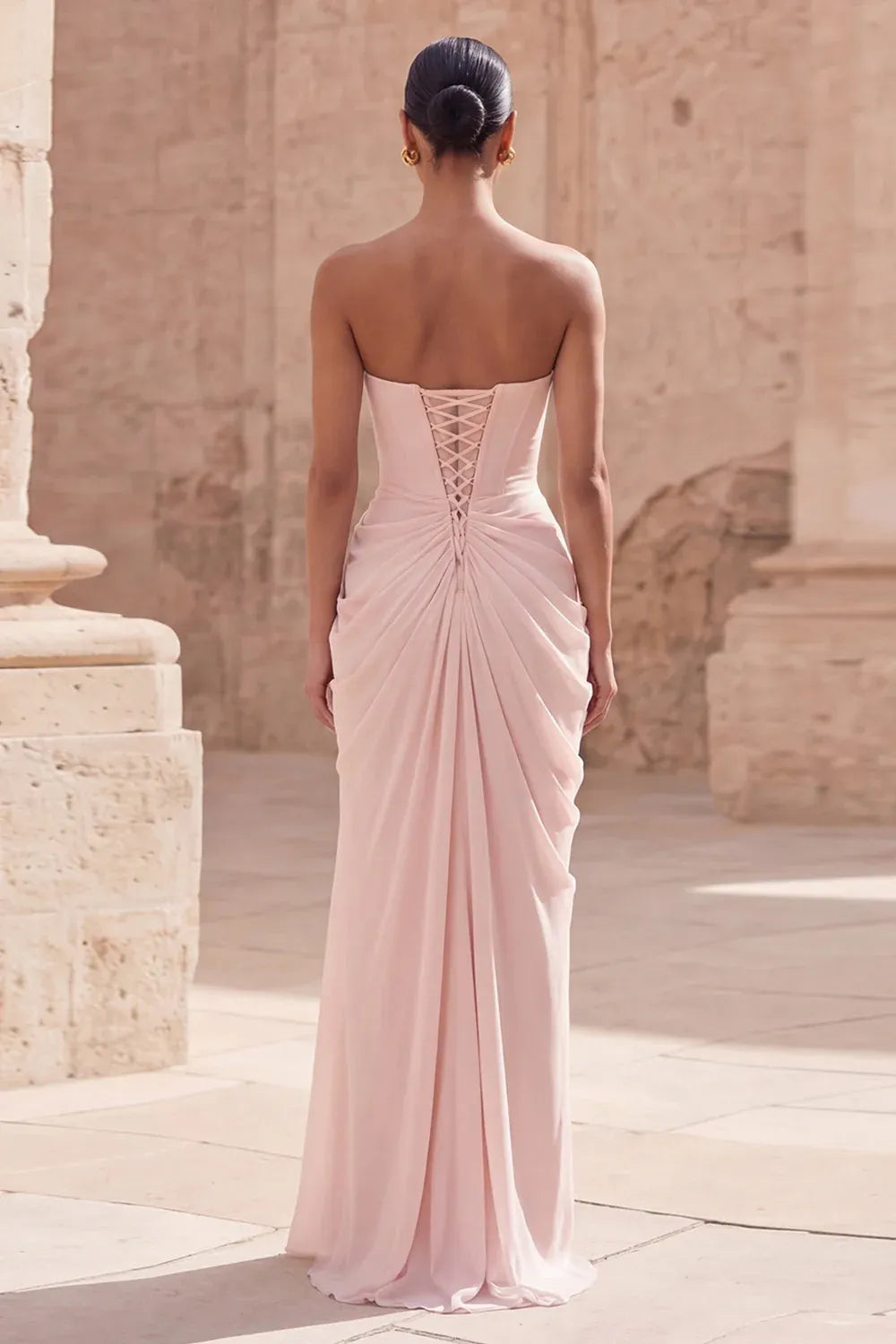 Prom Dress Strapless Blush Sheath With Ruched Lace-Up Bodice For Prom Queens Glamorous High Slit Gown