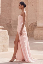 Prom Dress Strapless Blush Sheath With Ruched Lace-Up Bodice For Prom Queens Glamorous High Slit Gown