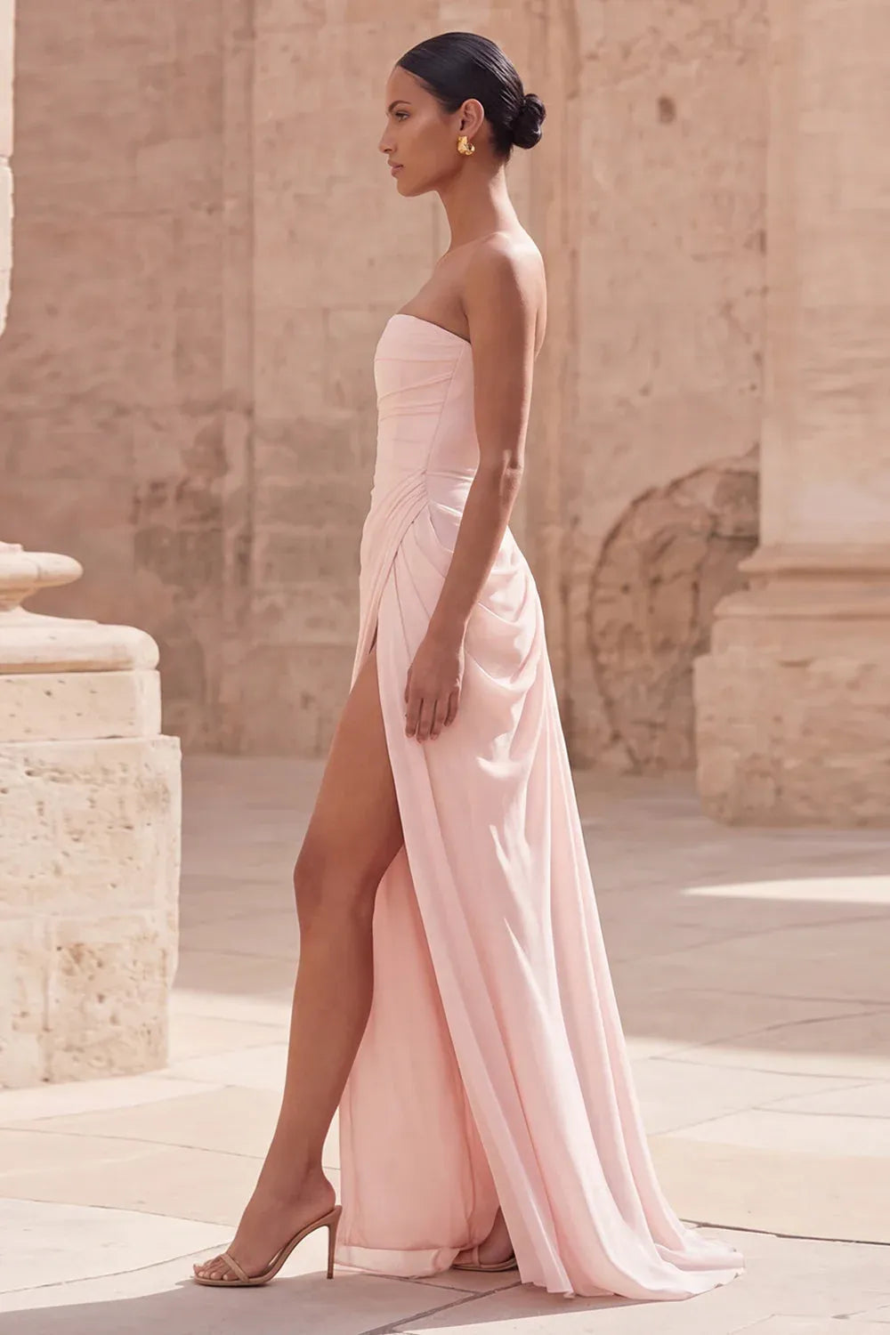 Prom Dress Strapless Blush Sheath With Ruched Lace-Up Bodice For Prom Queens Glamorous High Slit Gown