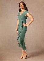 Sheath V-Neck Pleated Asymmetrical-Length Dress Cap Sleeve Solid Color Simple V-Neck Back Zip Ruffles Mother of the Bride Dress