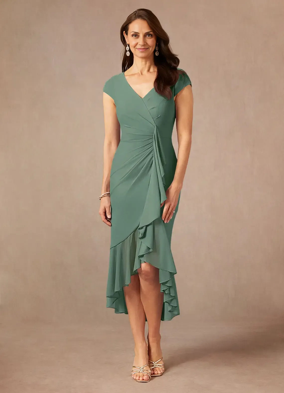 Sheath V-Neck Pleated Asymmetrical-Length Dress Cap Sleeve Solid Color Simple V-Neck Back Zip Ruffles Mother of the Bride Dress