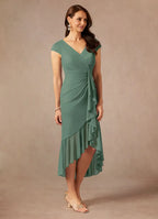 Sheath V-Neck Pleated Asymmetrical-Length Dress Cap Sleeve Solid Color Simple V-Neck Back Zip Ruffles Mother of the Bride Dress