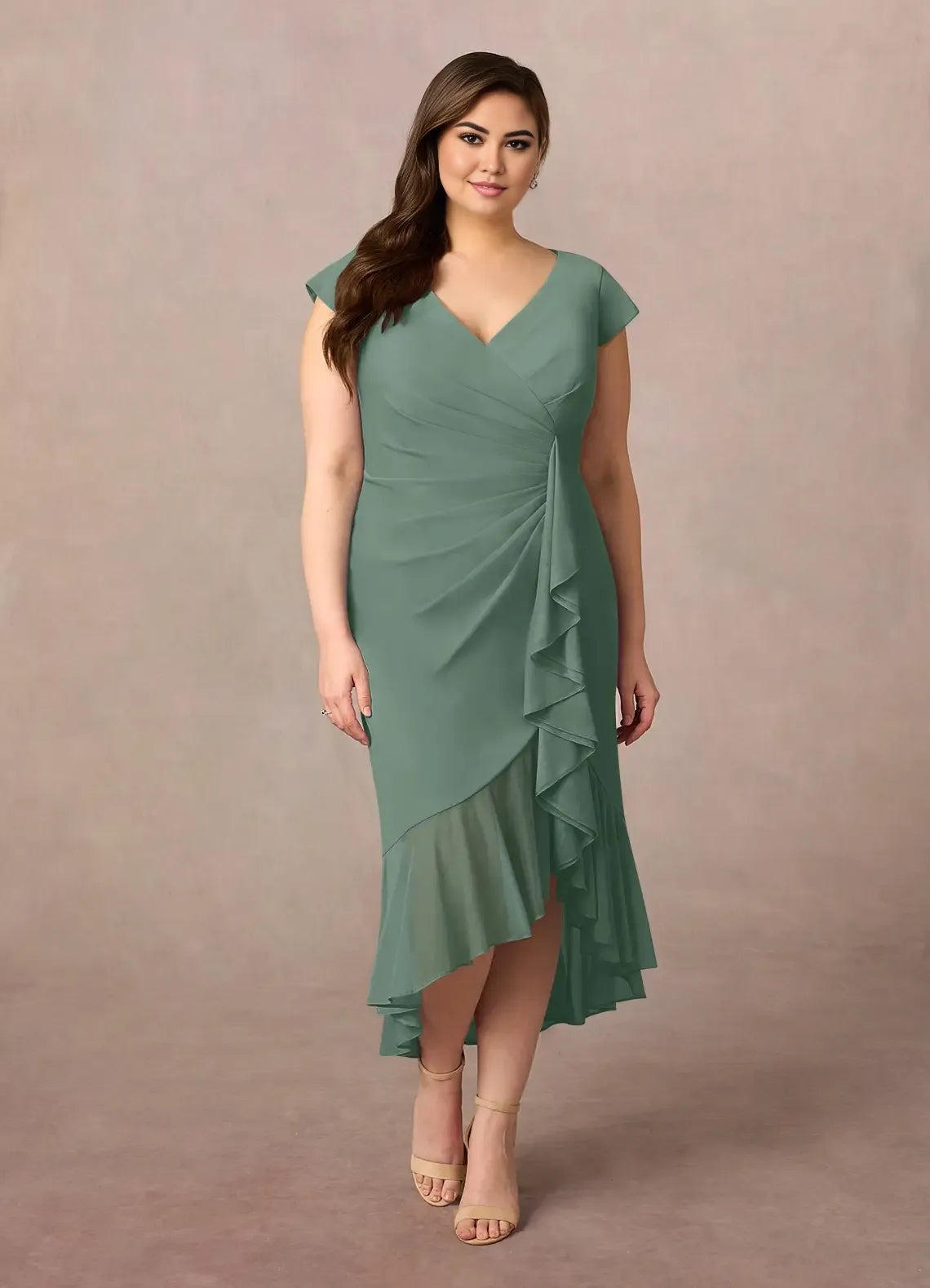 Sheath V-Neck Pleated Asymmetrical-Length Dress Cap Sleeve Solid Color Simple V-Neck Back Zip Ruffles Plus Size Mother of the Bride Dress