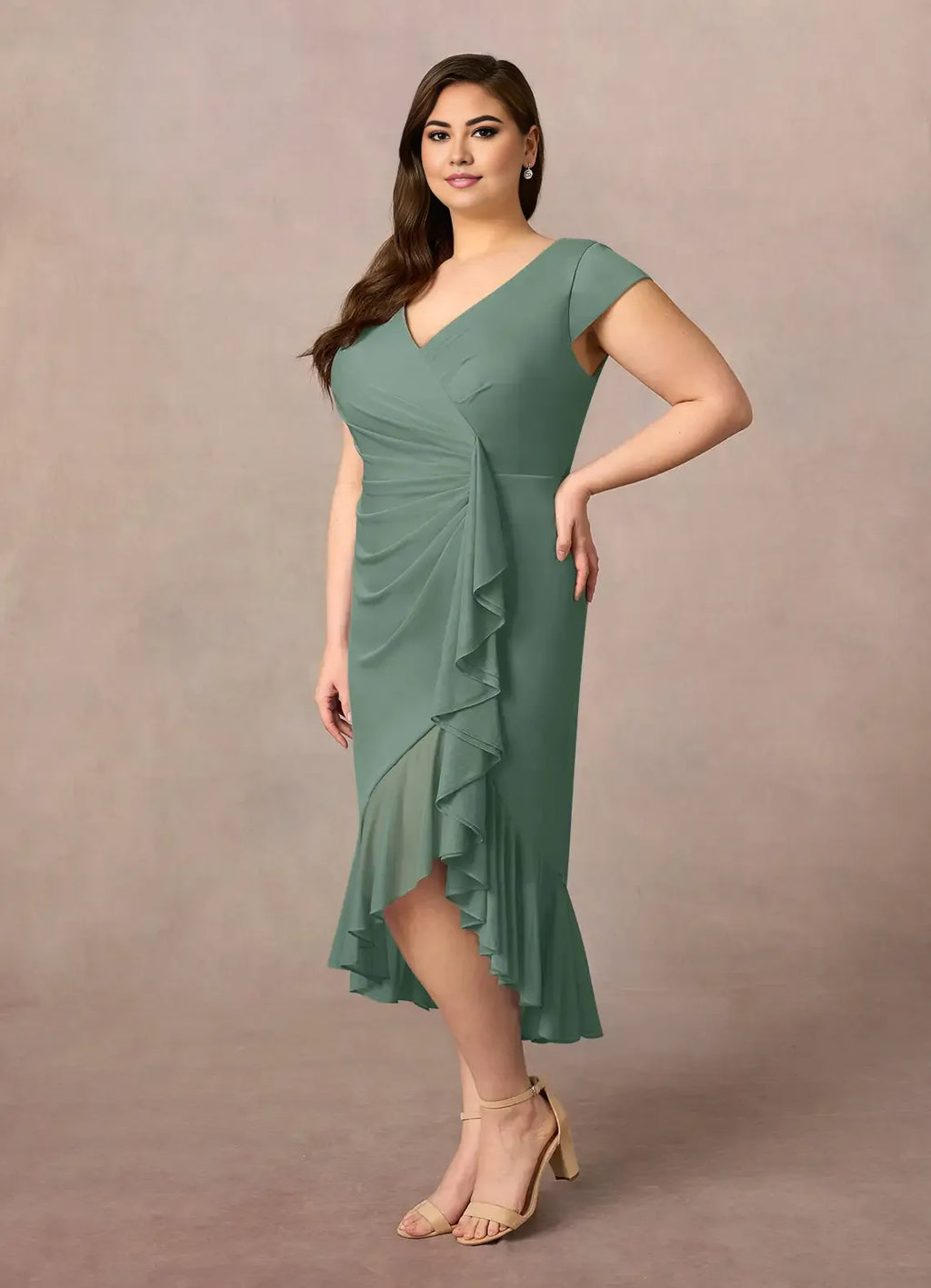 Sheath V-Neck Pleated Asymmetrical-Length Dress Cap Sleeve Solid Color Simple V-Neck Back Zip Ruffles Plus Size Mother of the Bride Dress