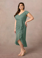 Sheath V-Neck Pleated Asymmetrical-Length Dress Cap Sleeve Solid Color Simple V-Neck Back Zip Ruffles Plus Size Mother of the Bride Dress