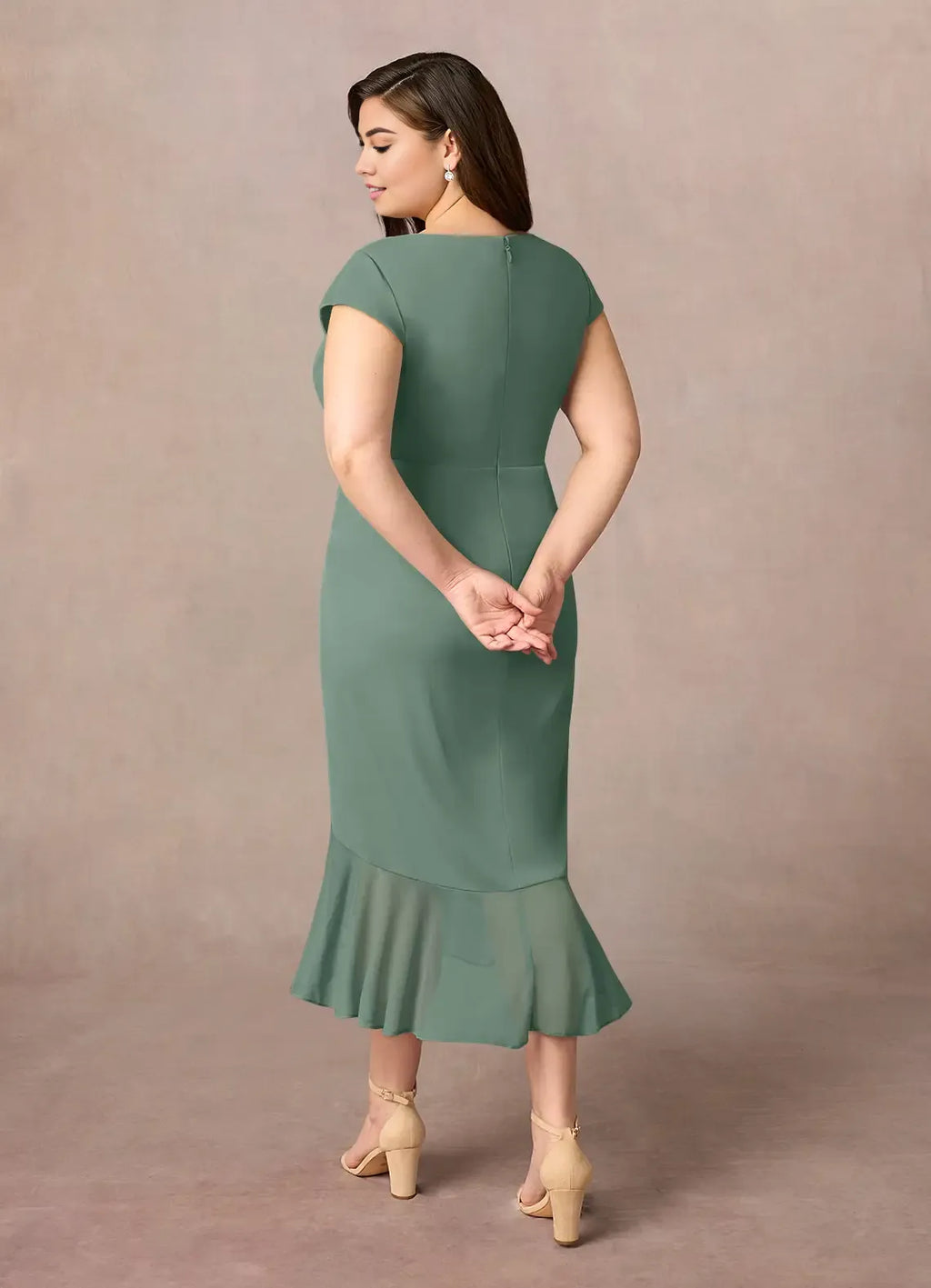 Sheath V-Neck Pleated Asymmetrical-Length Dress Cap Sleeve Solid Color Simple V-Neck Back Zip Ruffles Plus Size Mother of the Bride Dress