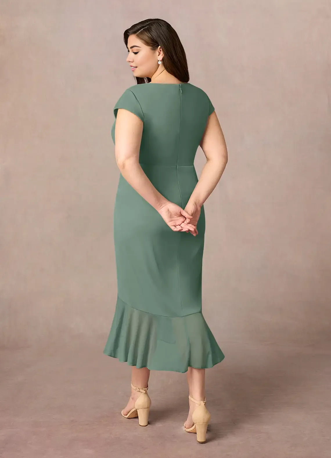 Sheath V-Neck Pleated Asymmetrical-Length Dress Cap Sleeve Solid Color Simple V-Neck Back Zip Ruffles Plus Size Mother of the Bride Dress