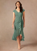 Sheath V-Neck Pleated Asymmetrical-Length Dress Cap Sleeve Solid Color Simple V-Neck Back Zip Ruffles Mother of the Bride Dress
