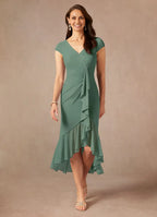 Sheath V-Neck Pleated Asymmetrical-Length Dress Cap Sleeve Solid Color Simple V-Neck Back Zip Ruffles Mother of the Bride Dress